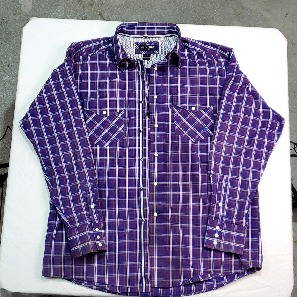 Ariat Pro Series mens shirt, long sleeve, purple, large, snap buttons, plaid